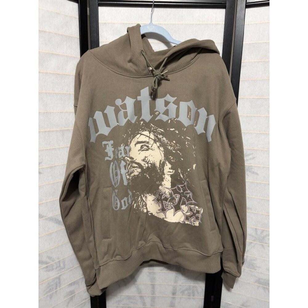 Watson Luxe FOG Fear of God Streetwear Hoodie Large Brown Christ Graphic NWT